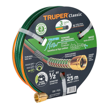 Furtun de gradina 1/2”, 25 m, 6 straturi, armat, cu mufa alama - Truper