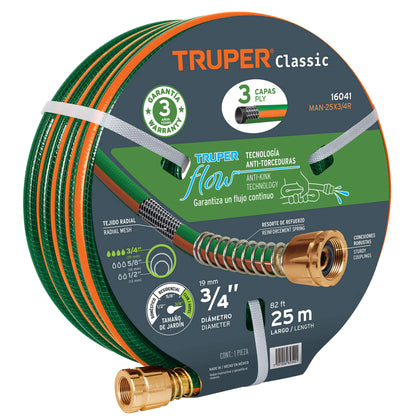 Furtun de gradina 3/4”, 25 m, 3 straturi, armat, cu mufa alama - Truper