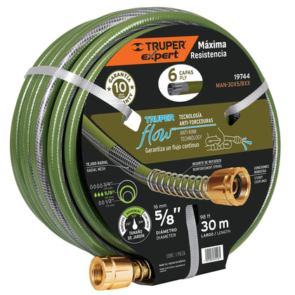 Furtun de gradina 3/4”, 6 straturi, armat, 30 m, cu mufa alama - Truper Expert